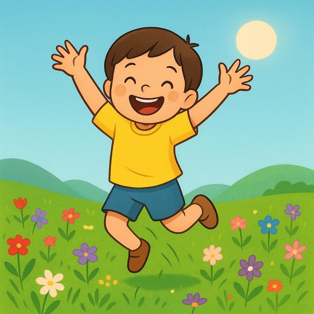 An illustration of a happy child wearing a bright yellow shirt jumping exuberantly in a sunny meadow filled with colorful flowers, representing the feeling of joy or well-being.