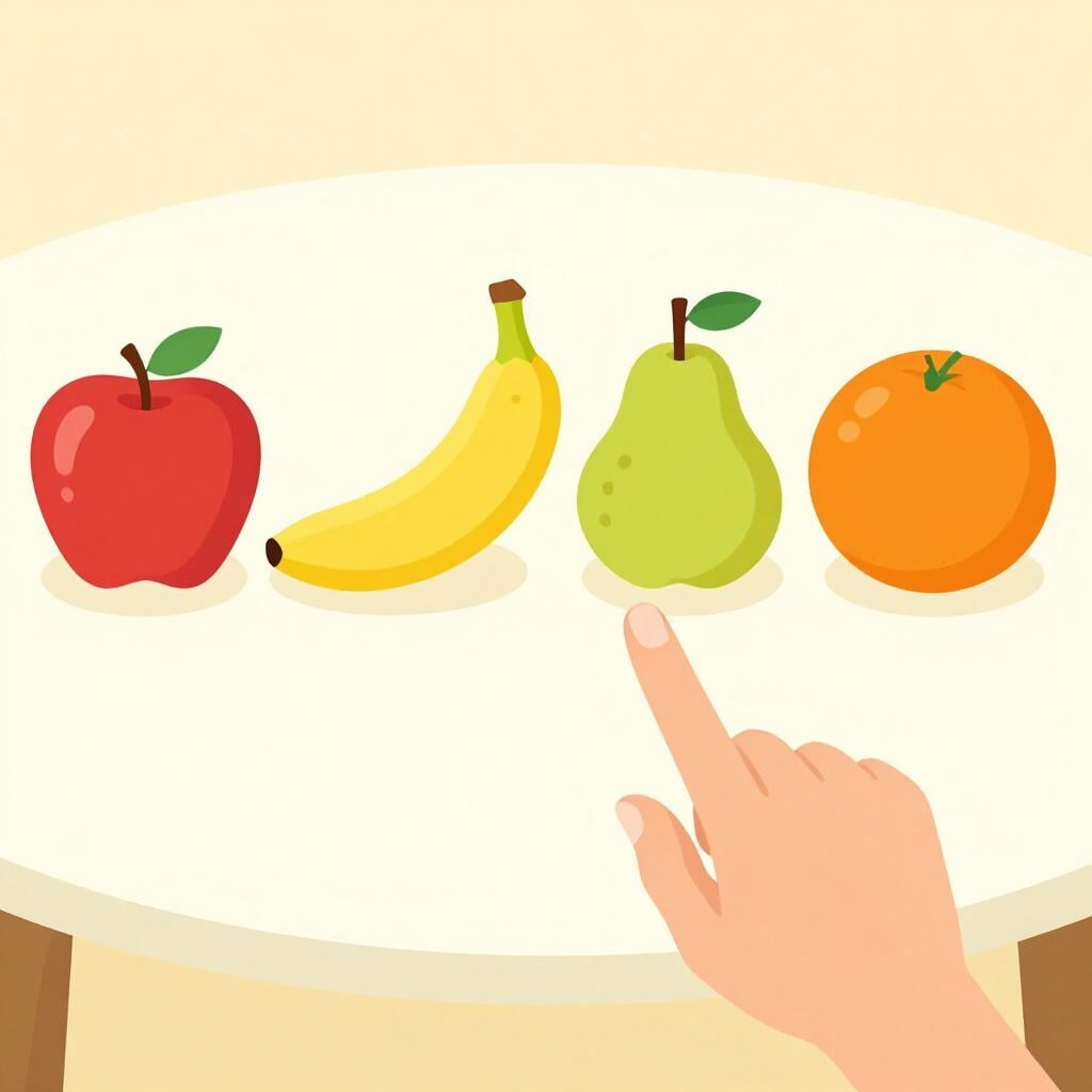 A person pointing to a line of different fruits on a table one by one.