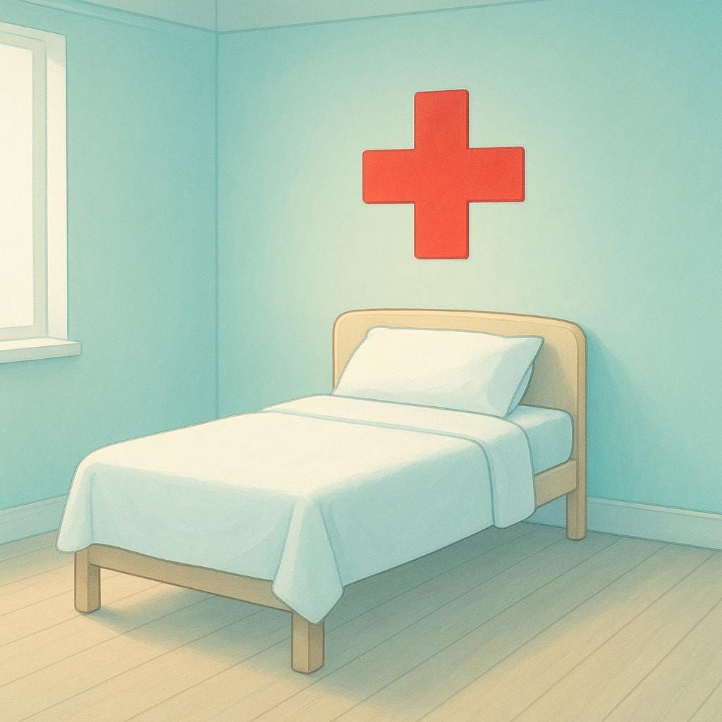 Een eenvoudige, schone medische ruimte met één leeg patiëntenbed en een rood kruissymbool prominent op de muur, wat een ziekenboeg vertegenwoordigt.