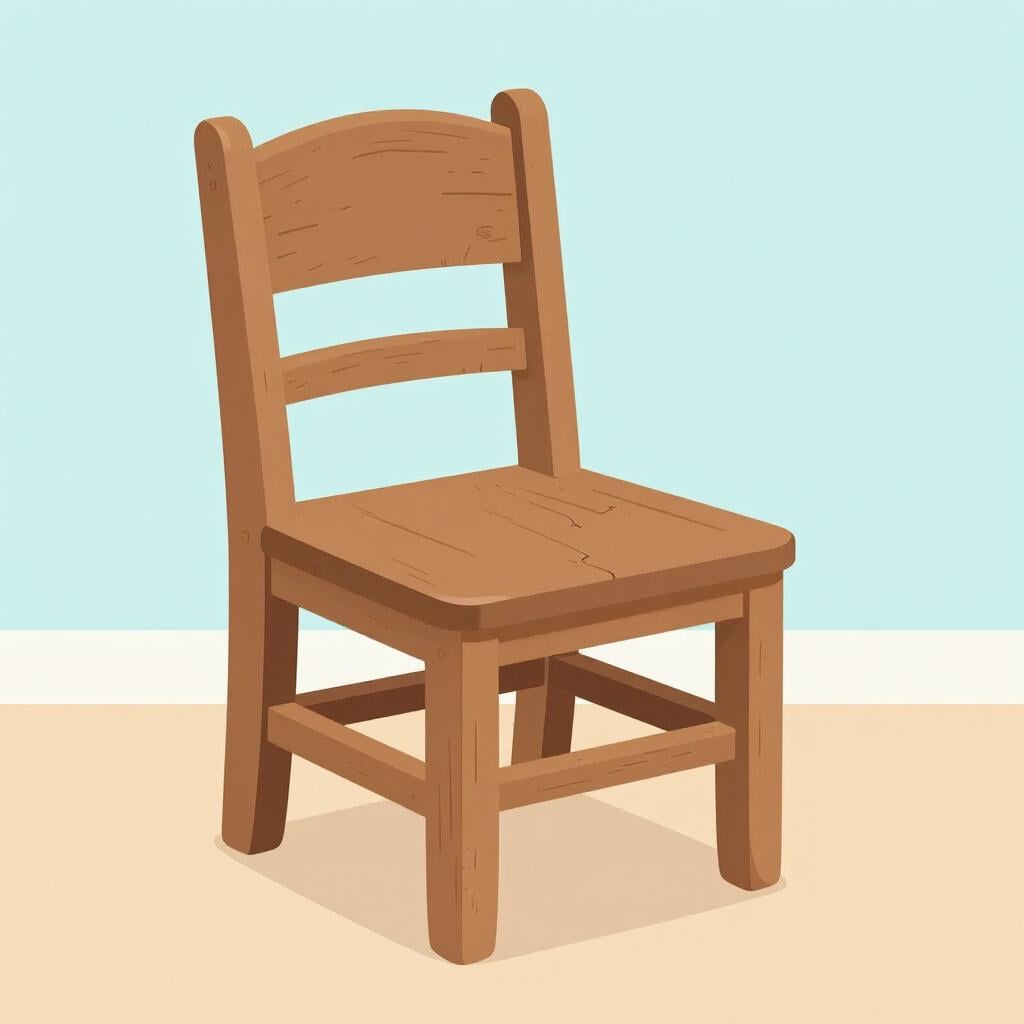 A simple wooden chair with a broken leg and cracked seat.