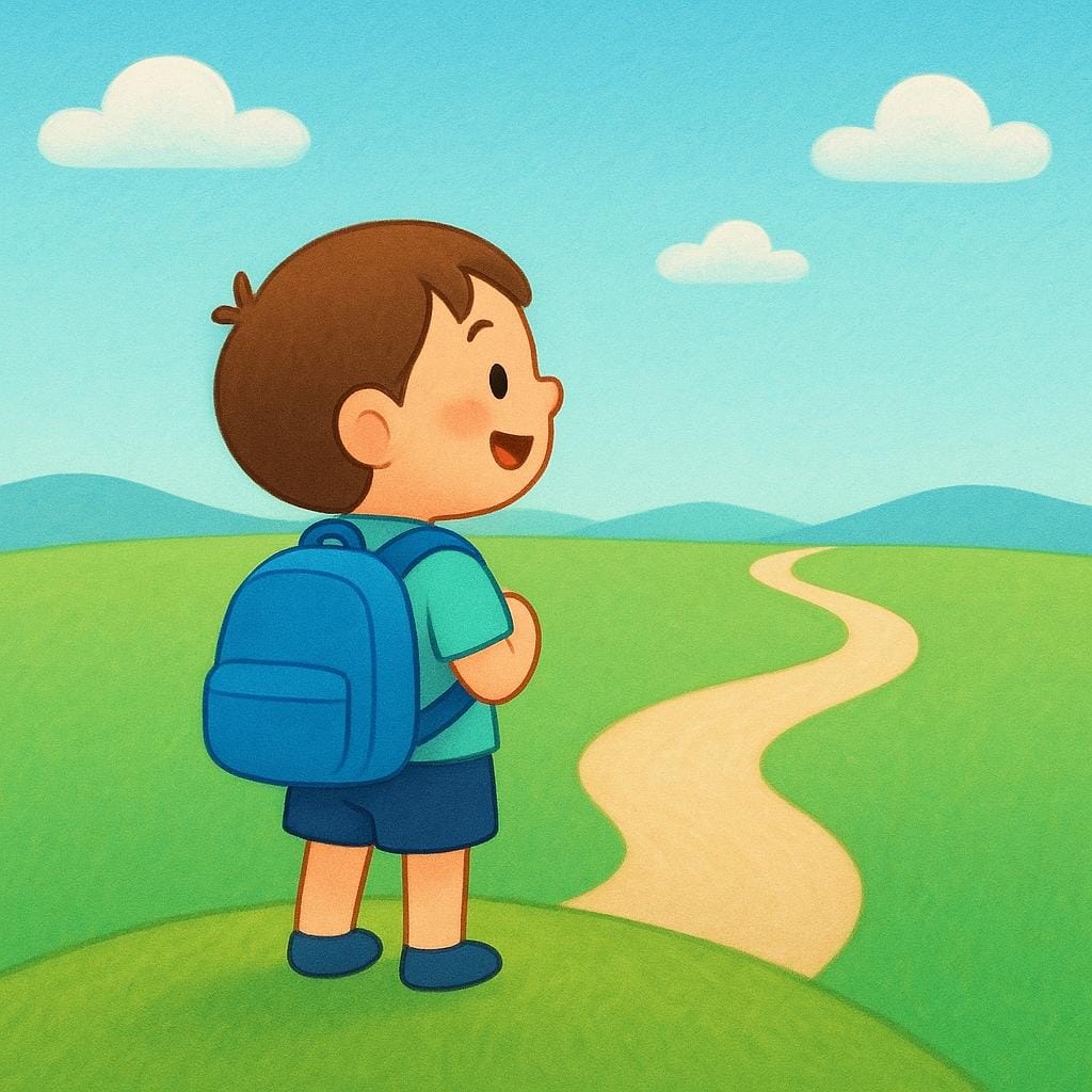 小さな青いバックパックを背負った陽気な人が緑の丘の上に立ち、地平線に向かって伸びる曲がりくねった道を熱心に見下ろしています。