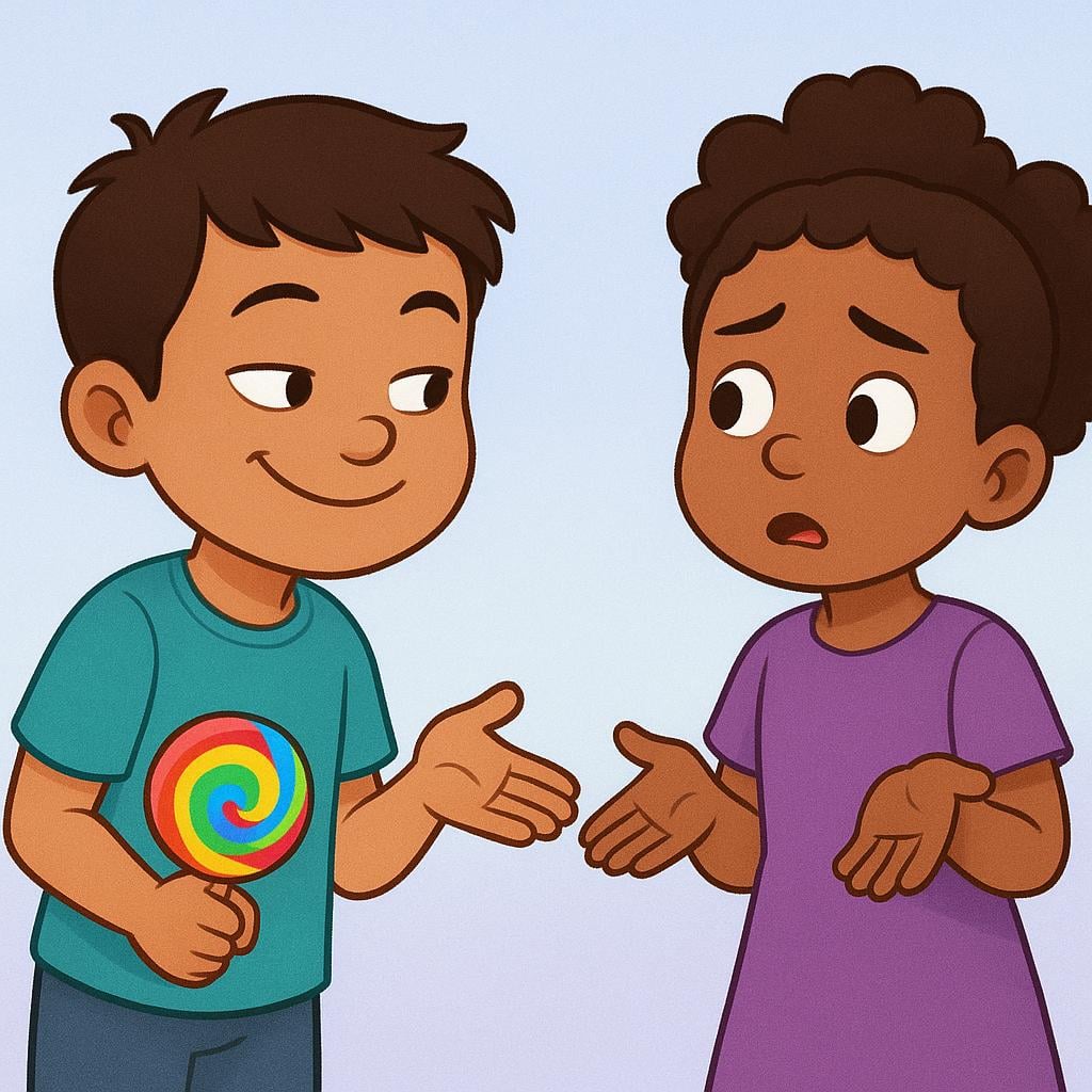 A colorful storybook illustration showing one child hiding a toy behind their back while smiling slyly and showing empty hands to another confused child.