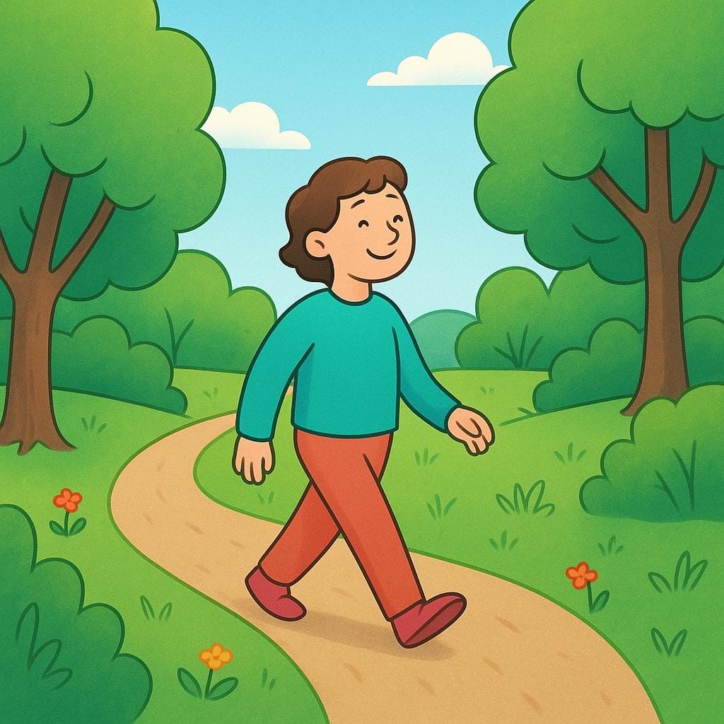 A smiling person strolling outdoors on a sunny path, enjoying a leisurely walk.
