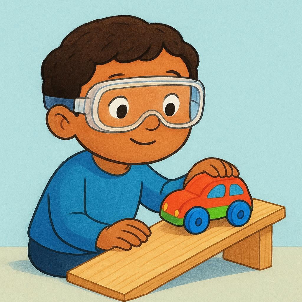 A child wearing safety goggles carefully testing a simple toy wooden car by rolling it down a small wooden ramp.