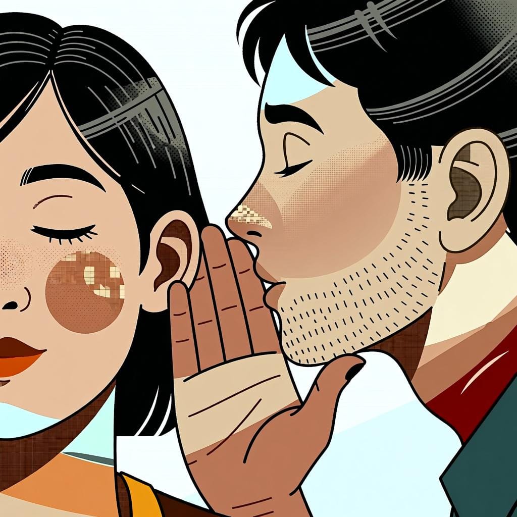 서로에게 몸을 기울이는 두 사람의 클로즈업 사진으로, 한 사람이 다른 사람의 귀에 부드럽게 속삭이는 모습은 조용한 말하기를 전달합니다.