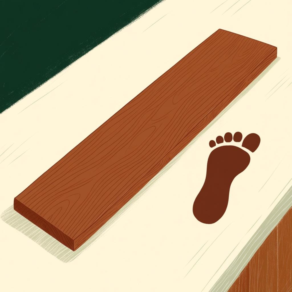 길고 단순한 나무 판자가 수평으로 놓여 있는 그림. 판자 옆에는 사람의 발 모양 실루엣이 그려져 있으며, 길이 단위 측정을 상징합니다.