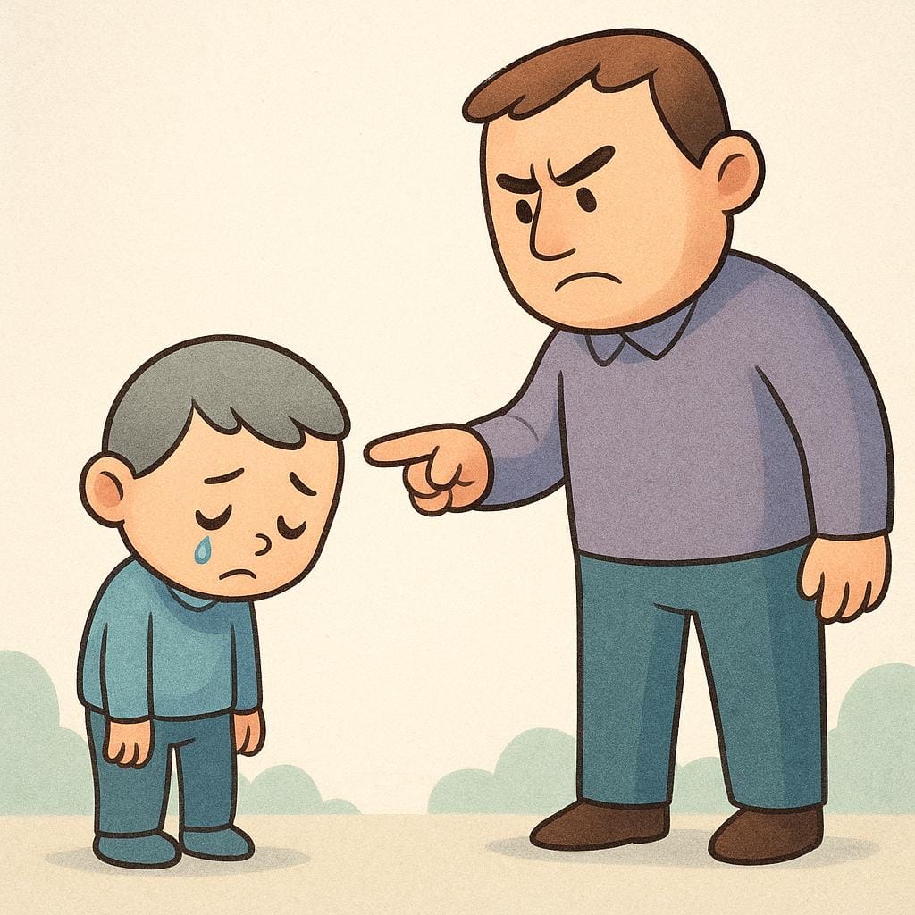 小さな悲しそうな漫画のキャラクターがうつむいており、大きく厳しい表情のキャラクターが批判的な指を向けている様子。否定的な判断を象徴している。