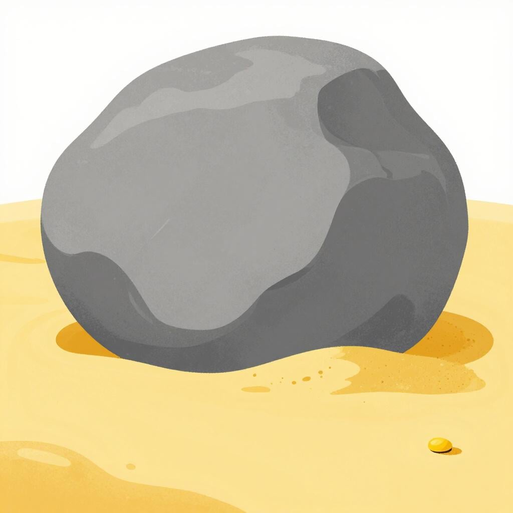A single tiny grain of sand sitting next to a very large, smooth beach stone.