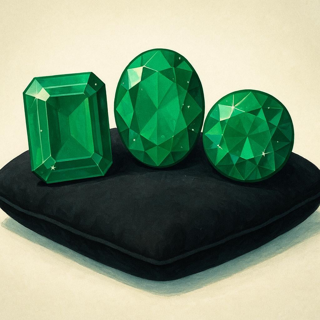 Three large, perfectly cut, sparkling emerald gemstones displayed on a simple black velvet cushion, emphasizing their high monetary worth.