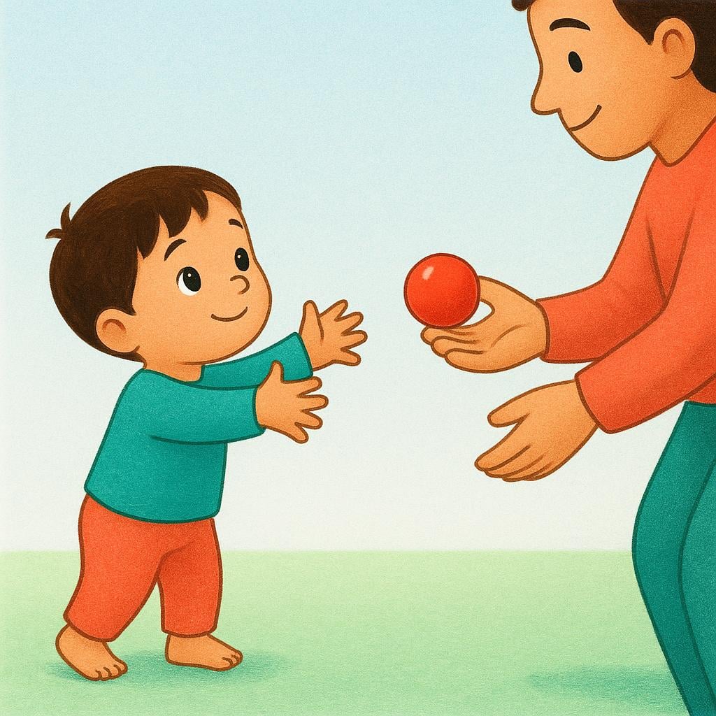 A storybook illustration showing a young child reaching out to an adult, asking for a red ball the adult is holding.