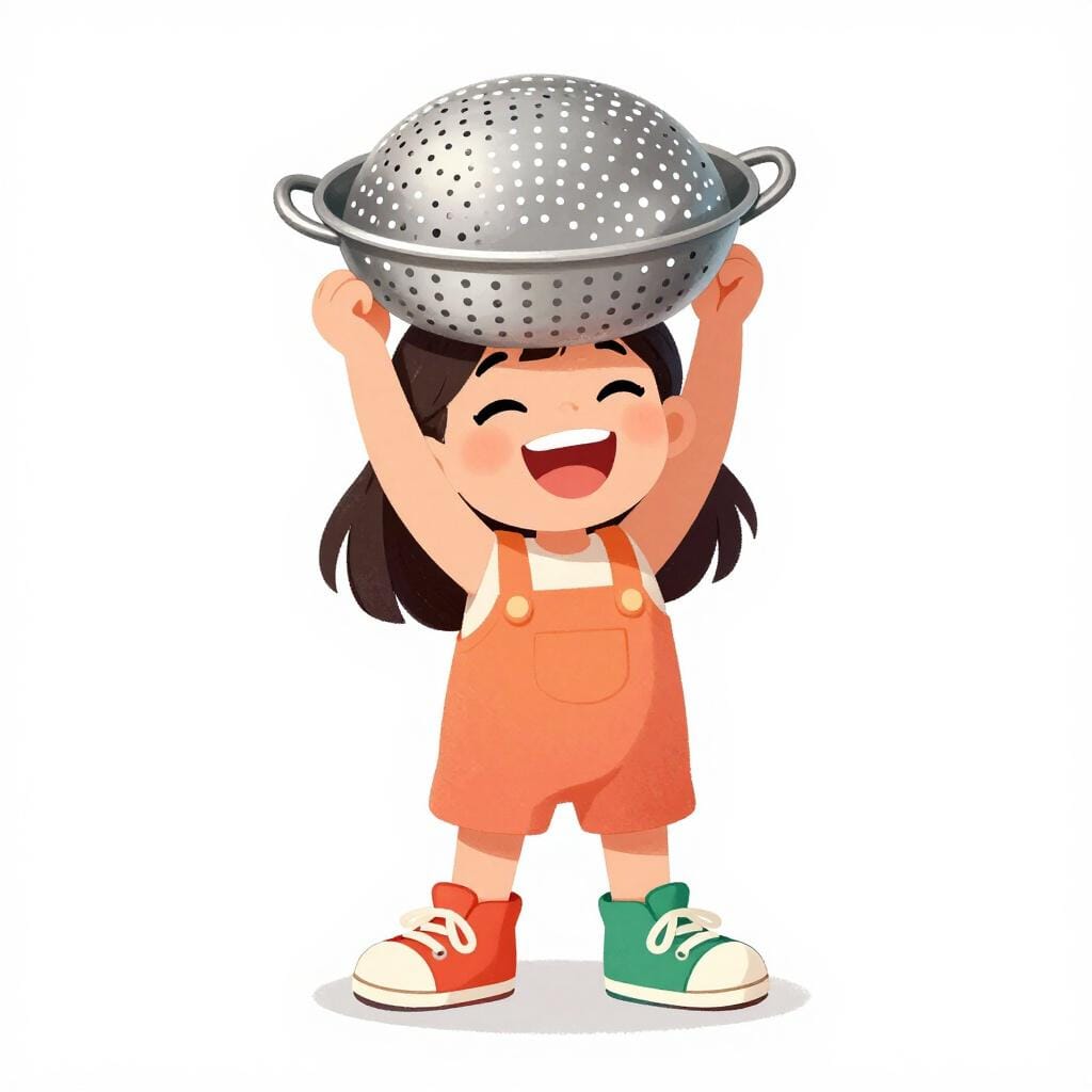 Una ragazza che indossa scarpe spaiate e uno scolapasta come cappello, che ride giocosamente.