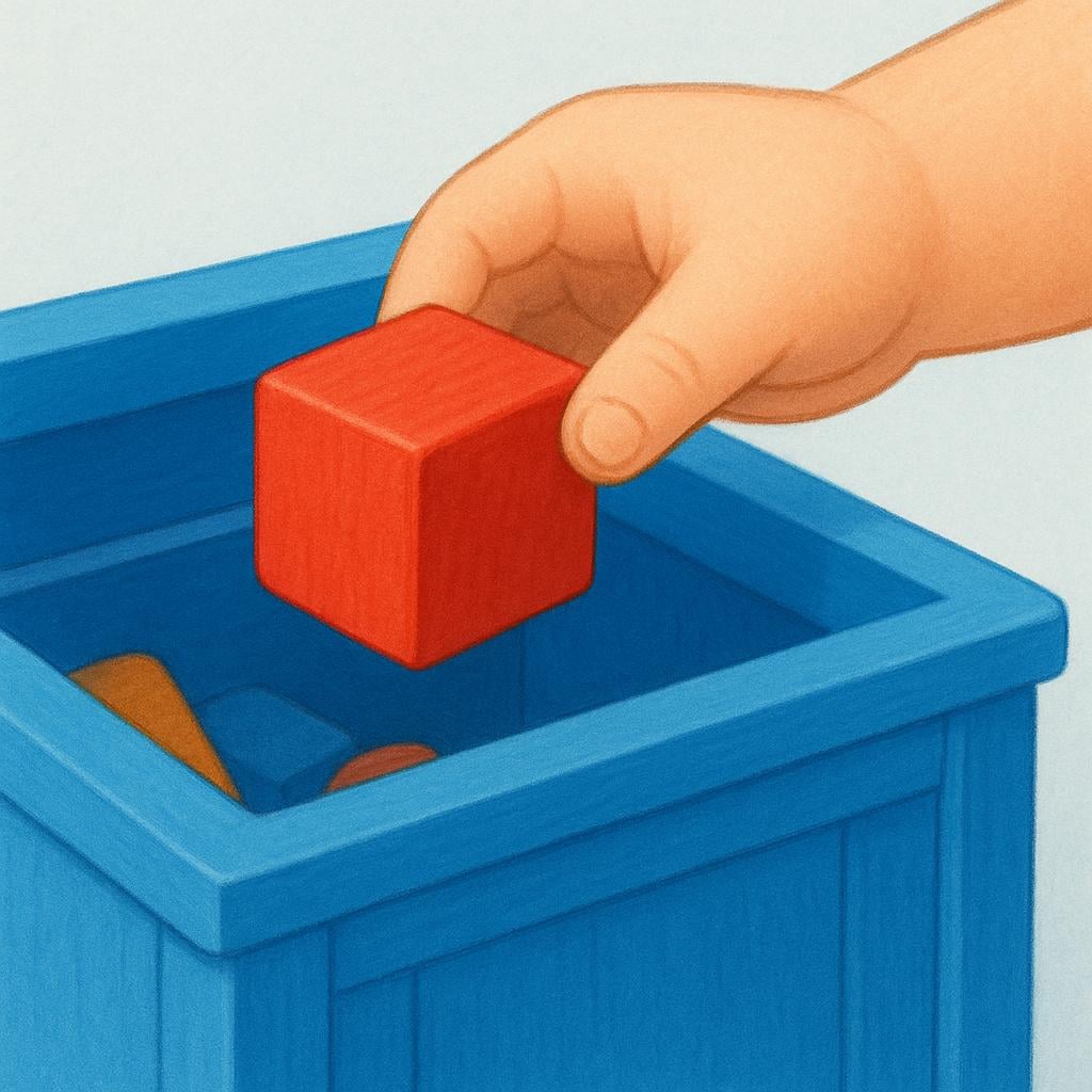 A small child's hand reaching into a wooden toy box and physically pulling out a bright red block.