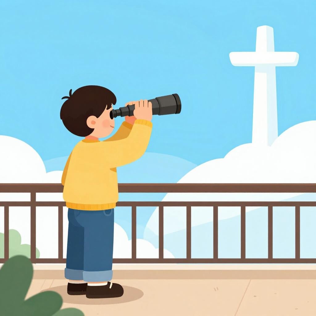 A focused lighthouse keeper looking through a telescope towards the sea.