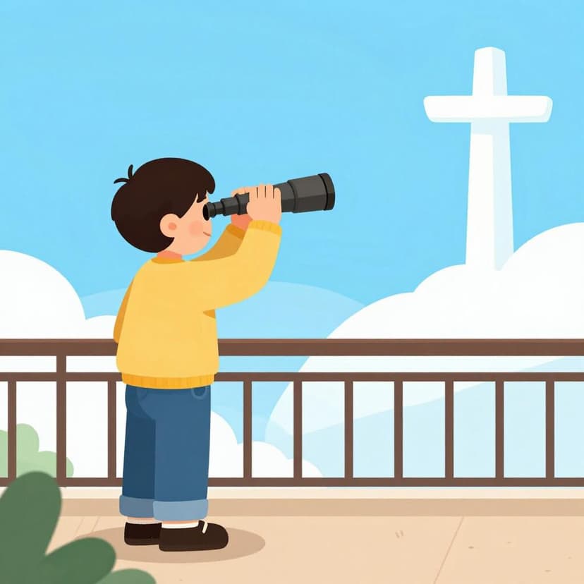 A focused lighthouse keeper looking through a telescope towards the sea.