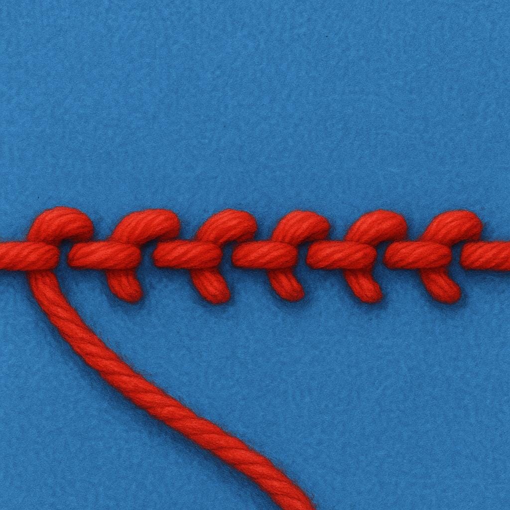 A close-up view of a piece of brightly colored fabric with a row of simple, visible sewing thread stitches running across it.