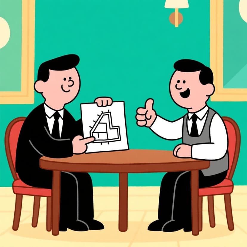 Two people at a conference table. One person is pointing at a plan, and the second person is giving a strong thumbs-up gesture, confirming their support.