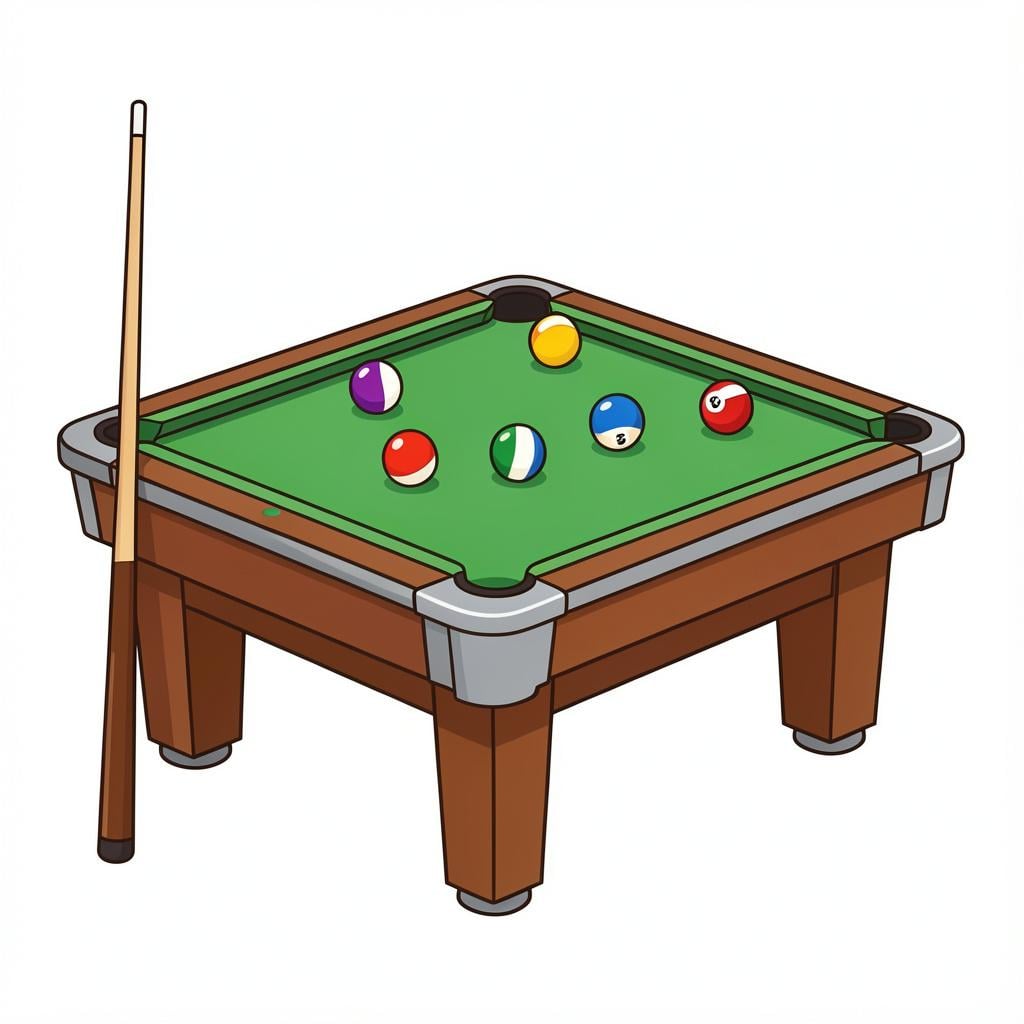 A green billiard table with a few colorful balls and a wooden cue stick resting on the edge.