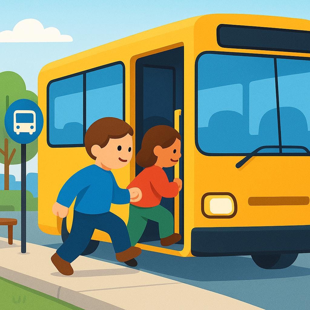 Two people are boarding a yellow public bus at a bus stop.