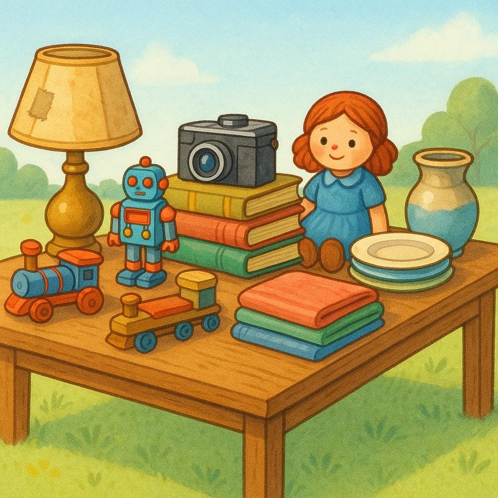 A crowded market stall table piled high with various second-hand items like old lamps, stacked books, and small colorful trinkets.