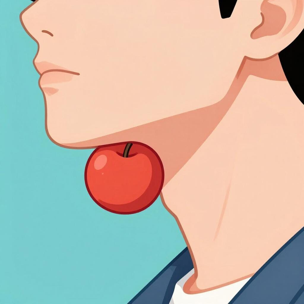 A profile view of a person's neck showing a prominent lump in the center of the throat.
