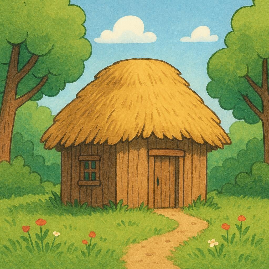 A small, rustic hut with a thatched roof and a wooden door nestled in a forest clearing.