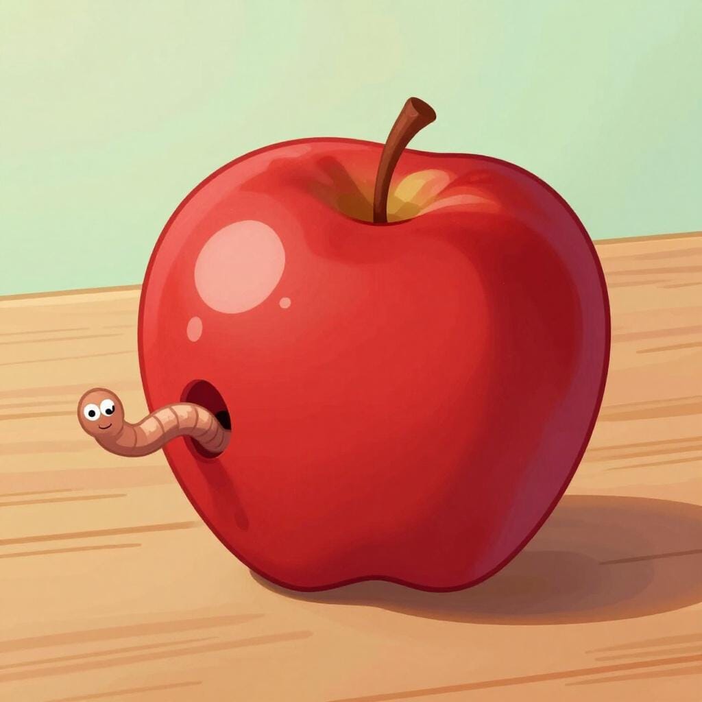 A colorful storybook illustration of a shiny, bright red apple that, when turned slightly, reveals a hidden wormhole on the other side.
