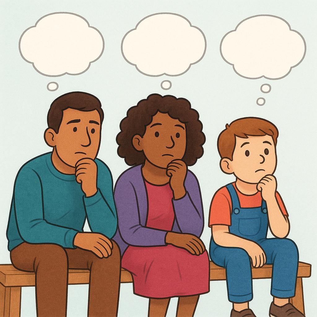 A simple storybook illustration showing three distinct people—a child, a woman, and a man—sitting side-by-side, each with a hand resting on their chin in a classic pose of deep thought.
