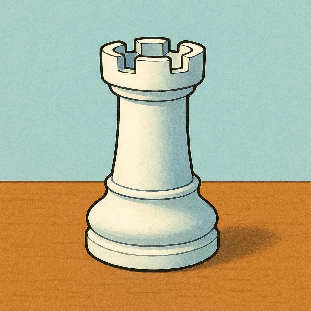 A single, white chess rook piece, stylized with a cylindrical body and crenelated top, resting on a dark wooden surface.
