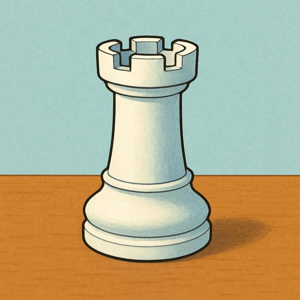 A single, white chess rook piece, stylized with a cylindrical body and crenelated top, resting on a dark wooden surface.