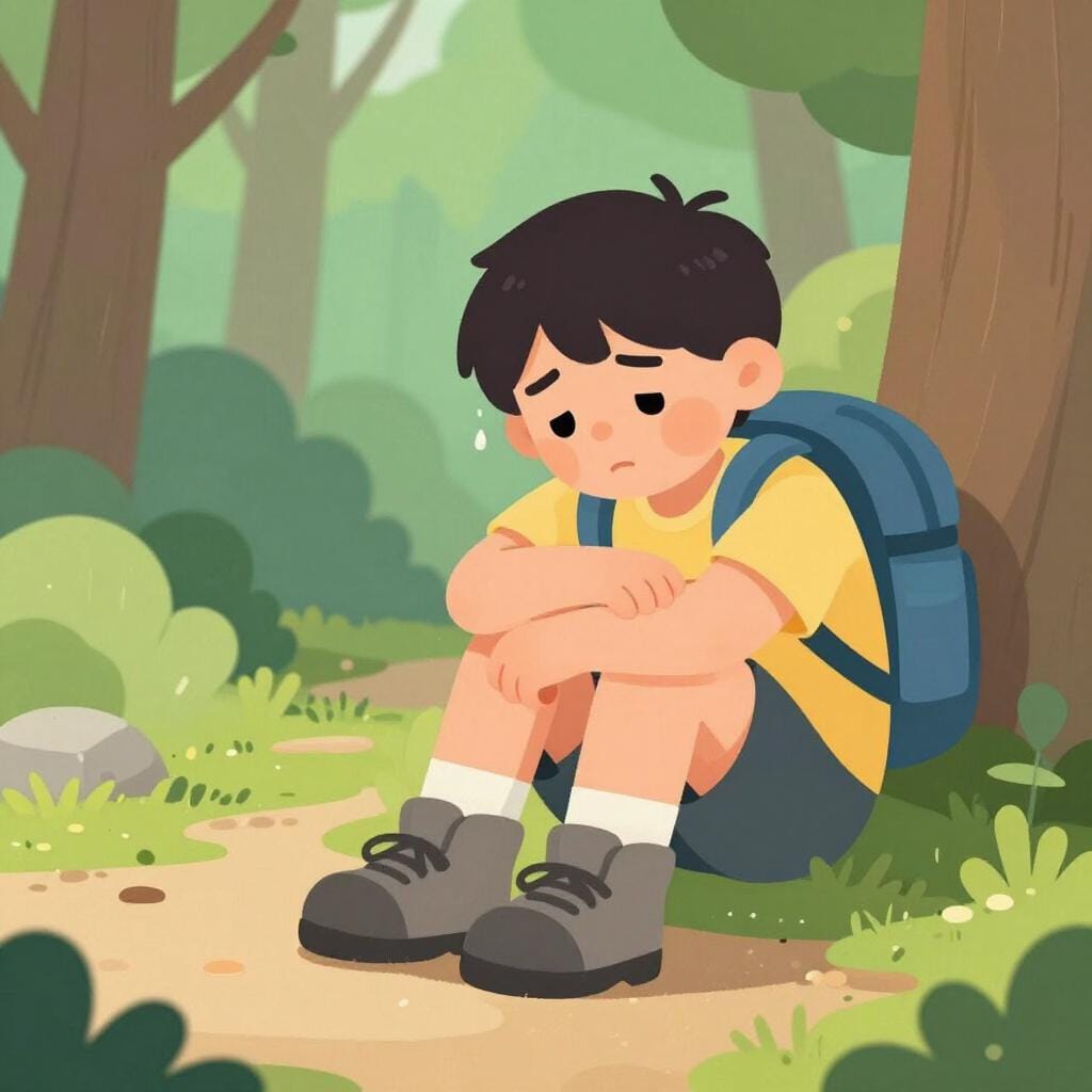 Ein kleiner, müder Wanderer sitzt auf einem Pfad mit einem schlaffen Rucksack und einem schweren Seufzer.