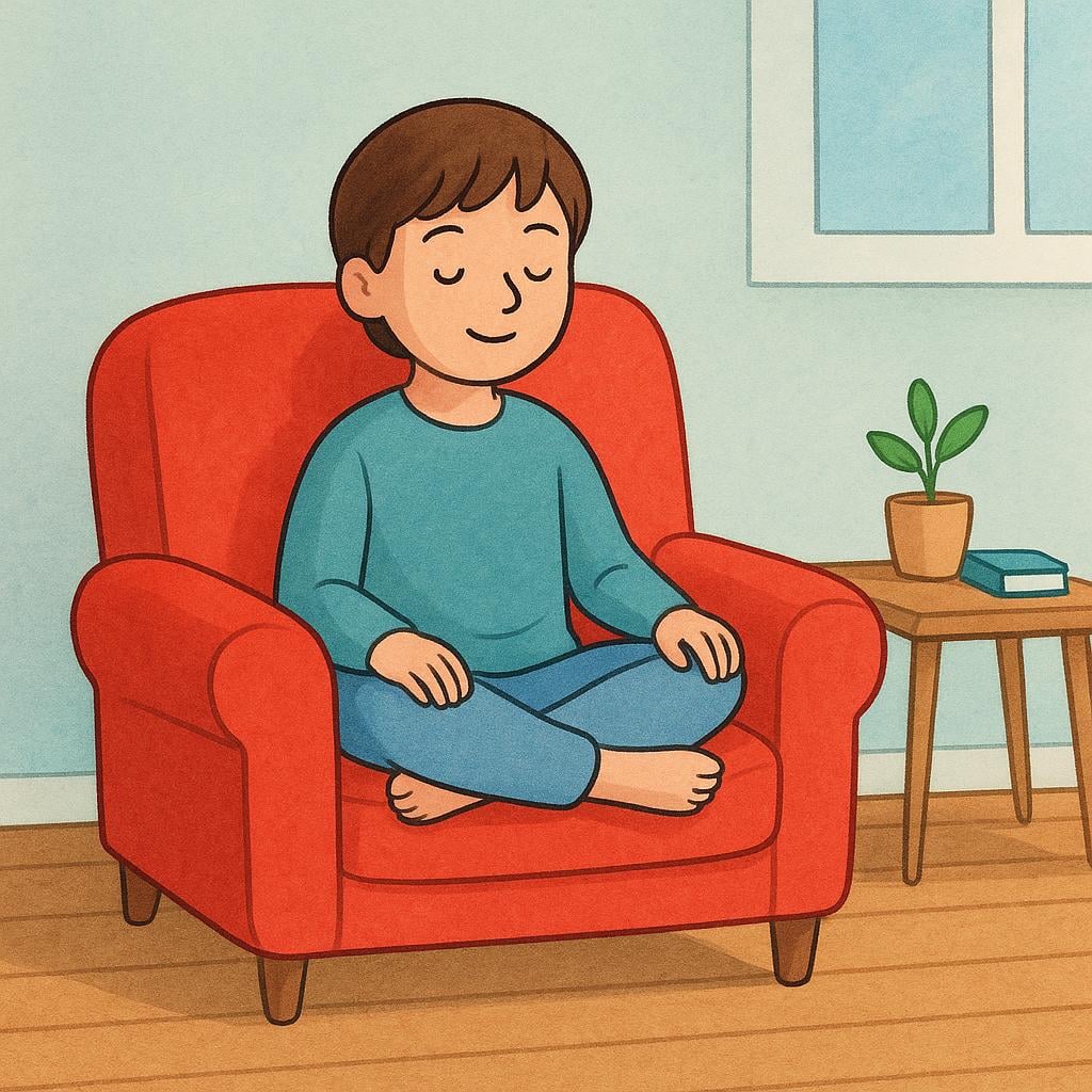 A person sitting comfortably on a brightly colored red armchair in a simple, cozy room, indicating they are staying put.