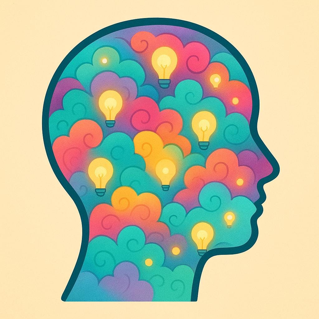 A simplified illustration showing the profile silhouette of a human head, filled entirely with colorful, swirling clouds and small, glowing lightbulbs to represent active thought and intellect.