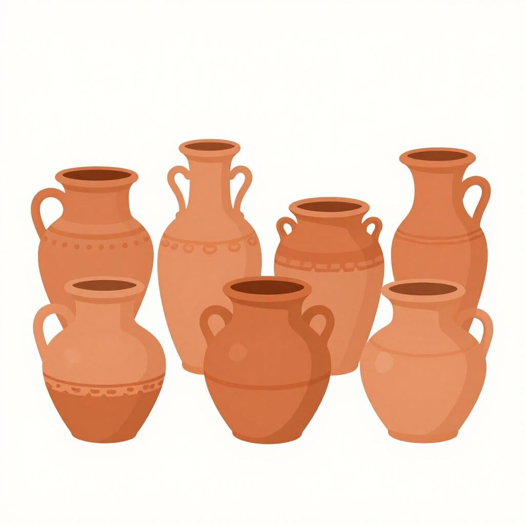 A collection of colorful clay pots in various shapes and sizes, showing a set of related forms.