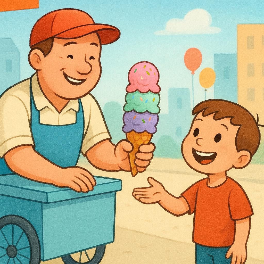 A cheerful street vendor handing a colorful ice cream cone to a happy child. The child is receiving the treat without offering payment, symbolizing getting something for free.