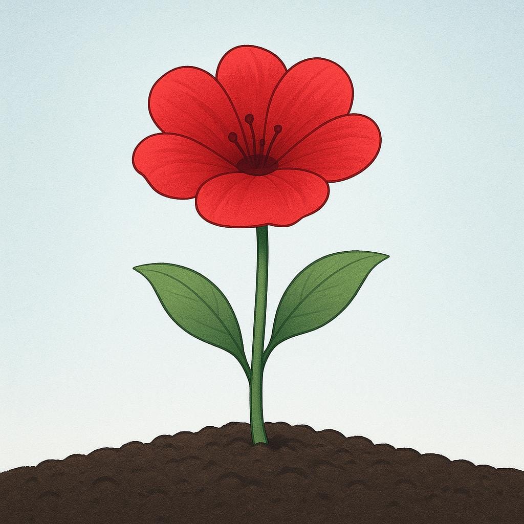 A single, brightly colored, perfectly formed flower is fully bloomed and stands tall in a patch of dark soil, representing something newly brought into existence.