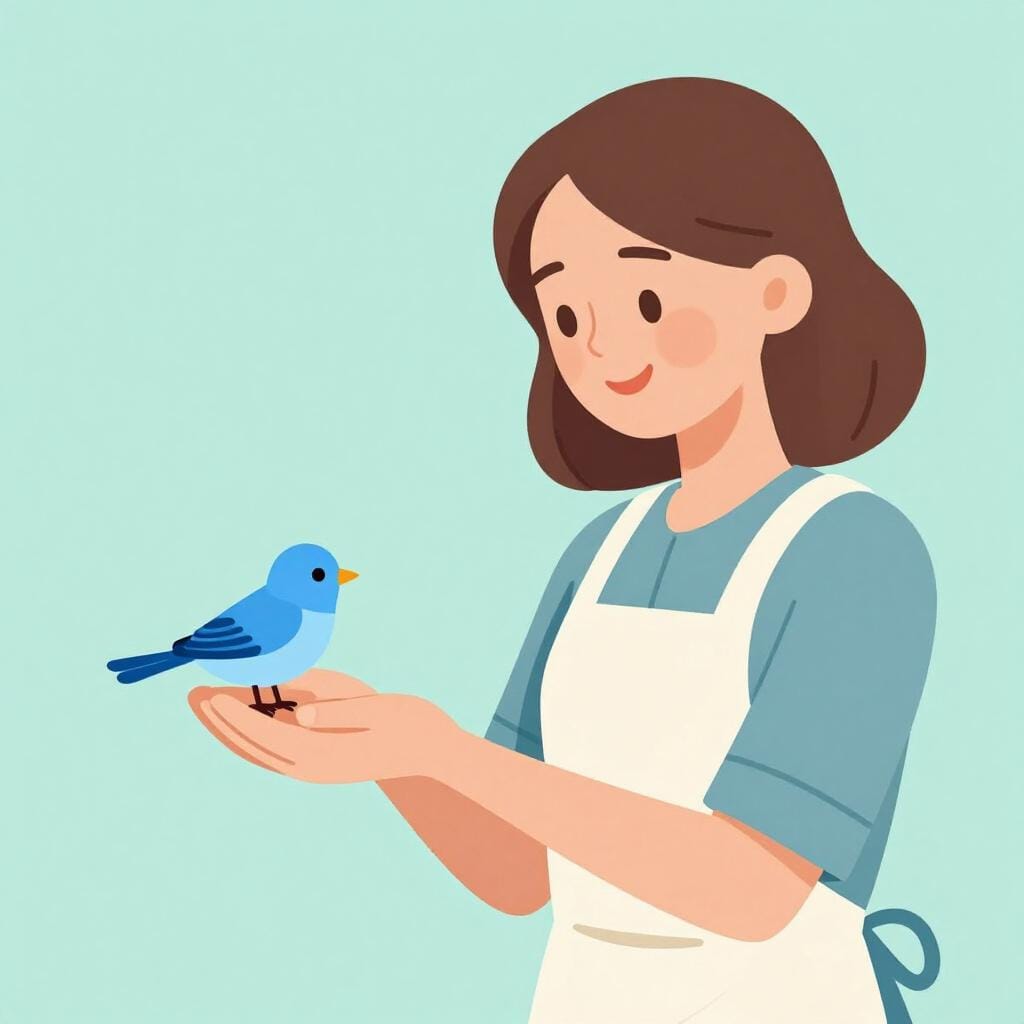 A kind woman smiling and handing a warm bowl of soup to a small bird.