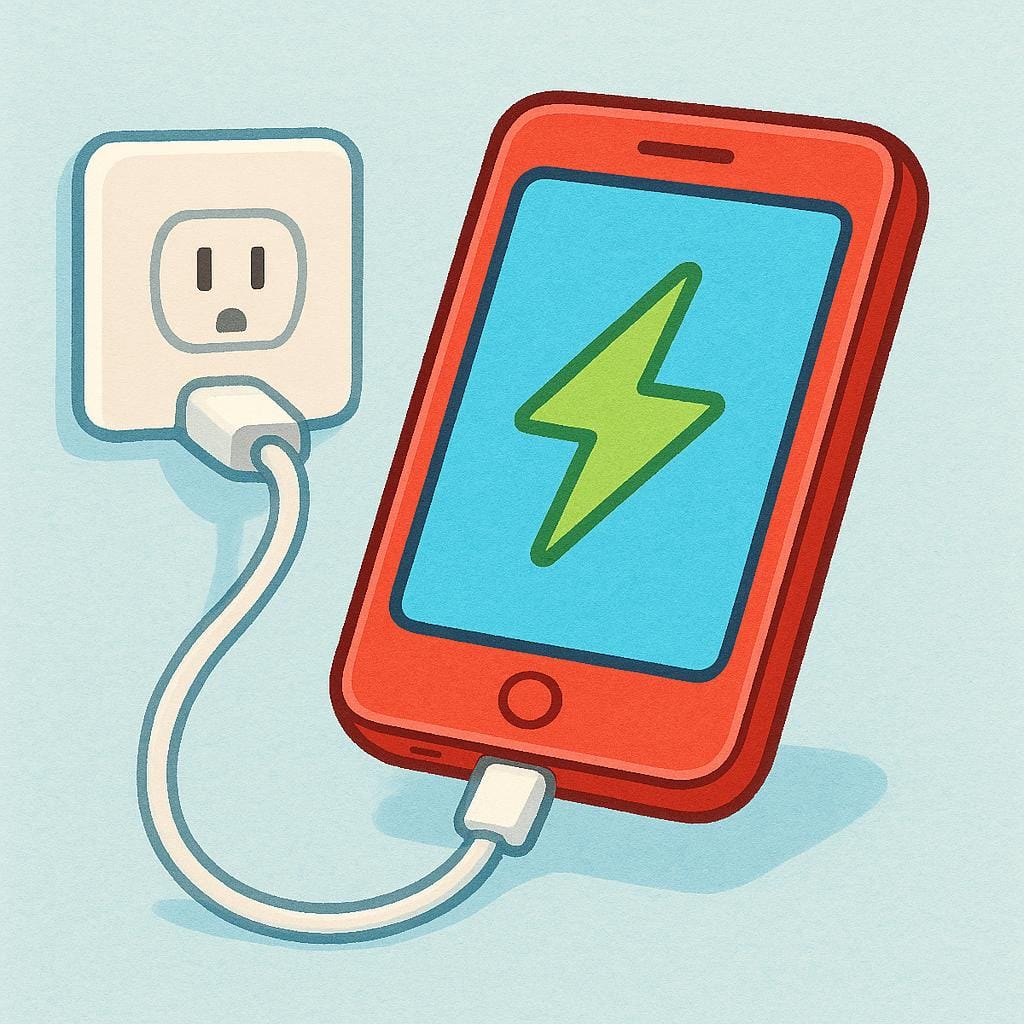 A bright red smartphone is plugged into a wall outlet via a white cord. A green lightning bolt icon appears on the screen, indicating it is charging.