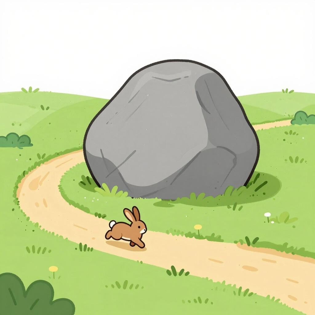 A small brown rabbit hopping along a curved path that goes around a large gray boulder.