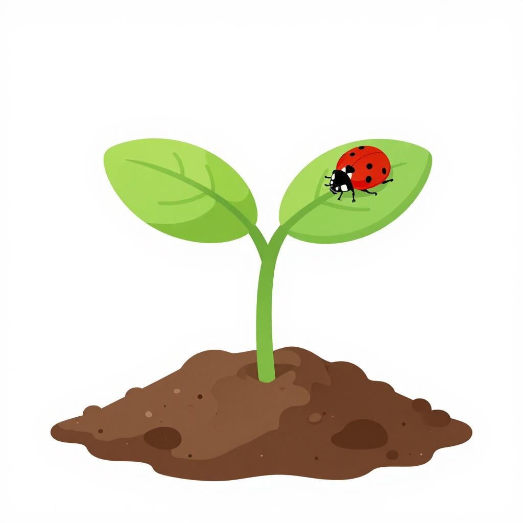 A small green seedling sprouting from dark soil with a single ladybug on its leaf.