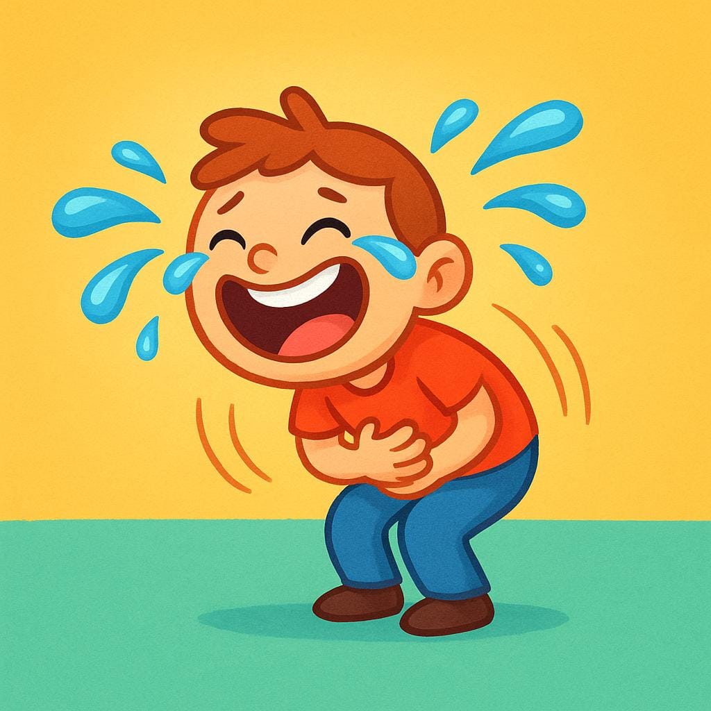 En färgglad illustration av en person som böjer sig framåt och håller sig om magen medan de skrattar hysteriskt och okontrollerat, med tårar strömmande nerför ansiktet.