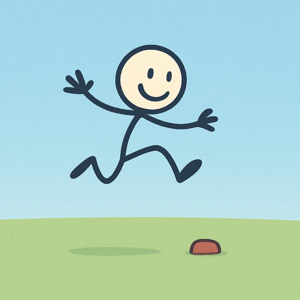 A simple cartoon figure jumping a short distance. There is a vast amount of empty, safe ground surrounding the figure, symbolizing ample room for action or error.