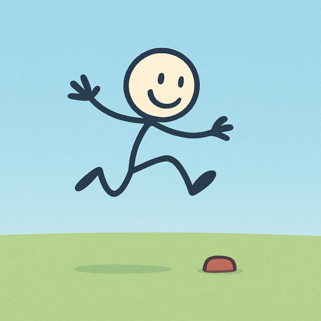 A simple cartoon figure jumping a short distance. There is a vast amount of empty, safe ground surrounding the figure, symbolizing ample room for action or error.