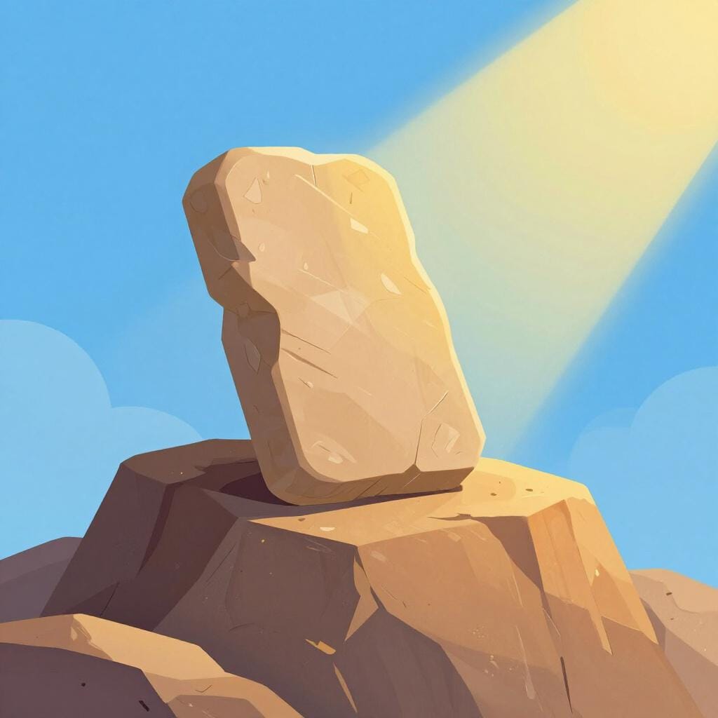 A stone tablet with hand-carved horizontal lines resting on a mountain top under a bright light.