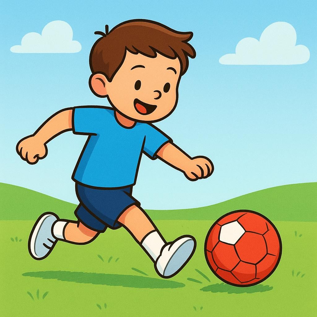 A drawing of a boy kicking a soccer ball across a field, illustrating an active subject performing a direct action.
