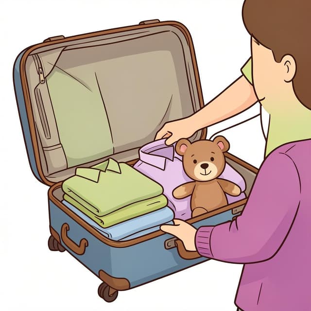 A child placing folded clothes and a teddy bear into an open suitcase on a bed.