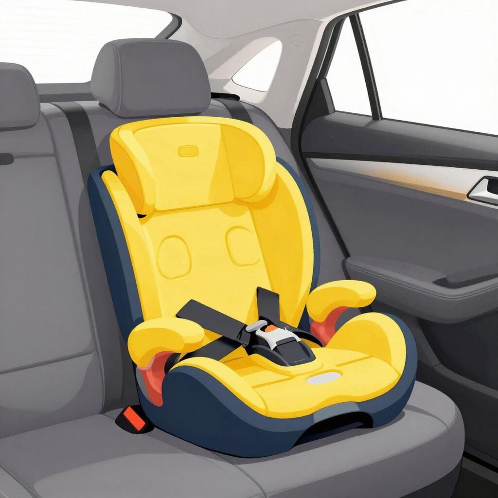 A colorful child's booster seat placed on a car seat.