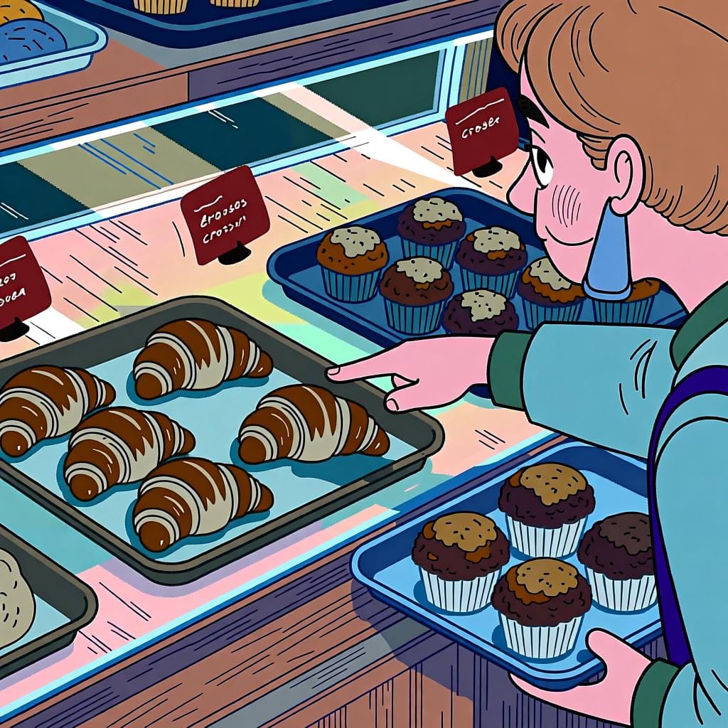 A person at a bakery pointing to a tray of croissants, choosing them over a tray of muffins next to it.