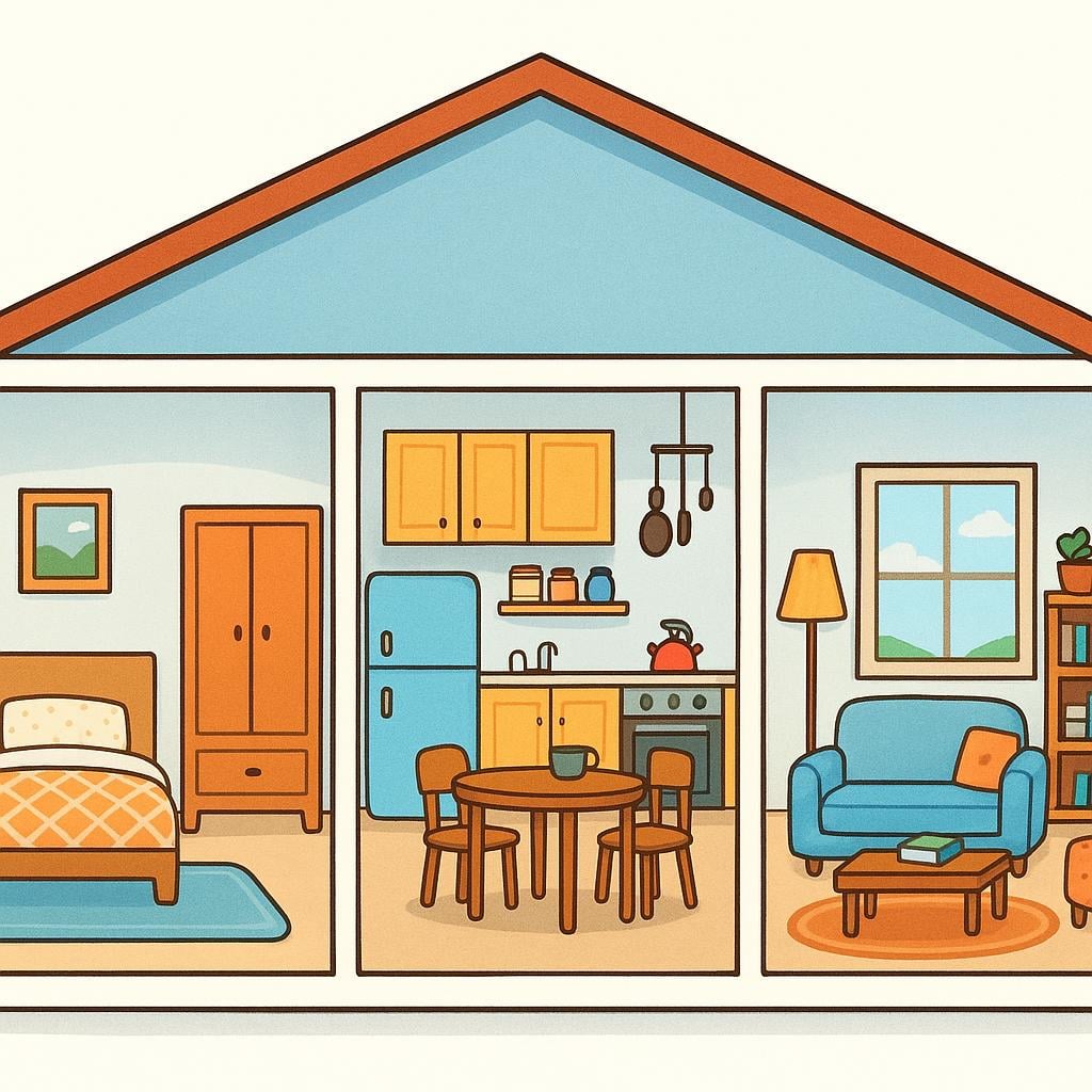A simple cross-section view of a house revealing three distinct, furnished interior spaces: a bedroom, a kitchen, and a bathroom.
