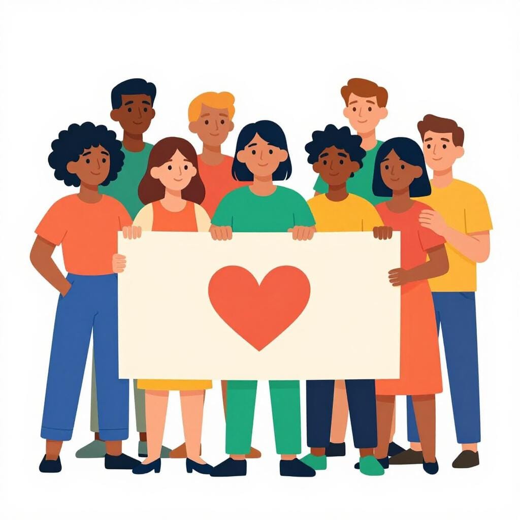 Een diverse groep mensen die samen in een ondersteunende cirkel staan.