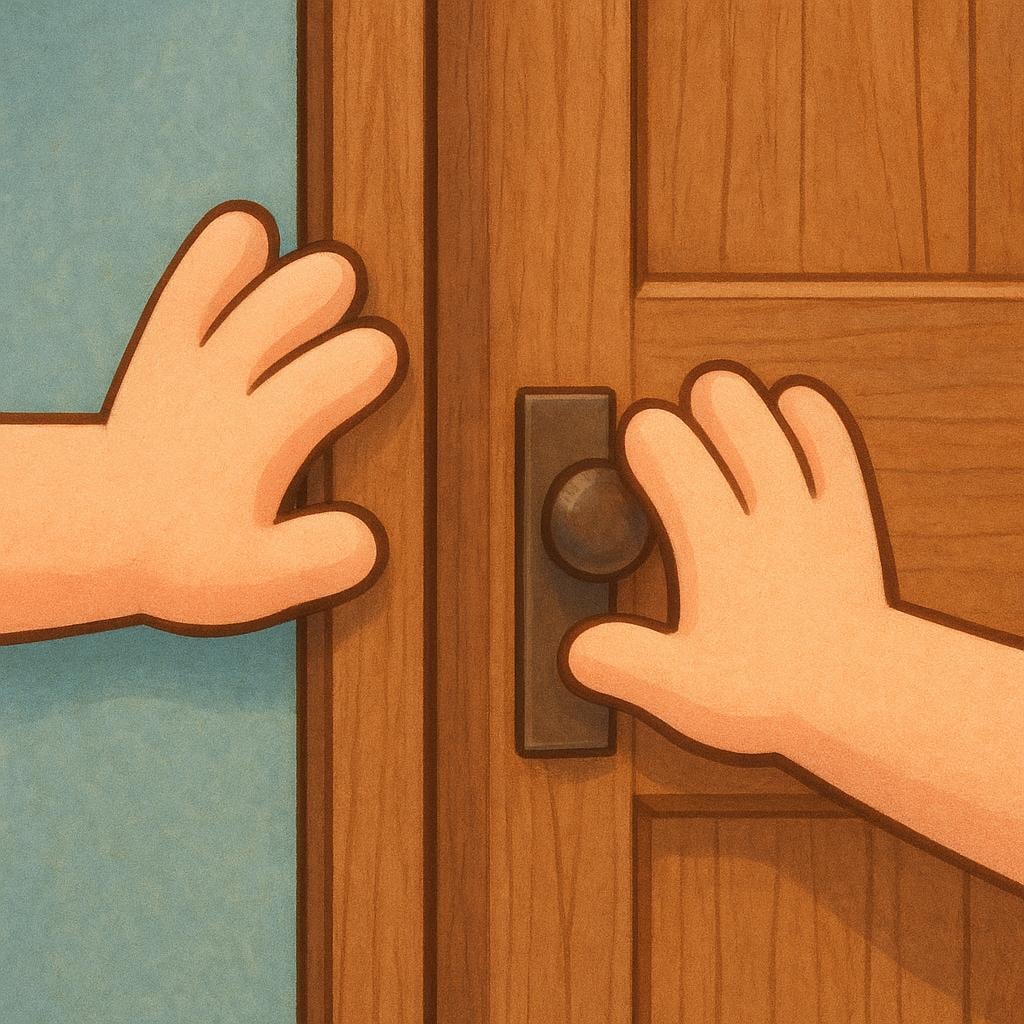 A pair of cartoon hands firmly pushing a bright blue wooden door shut, illustrating the command to close something.